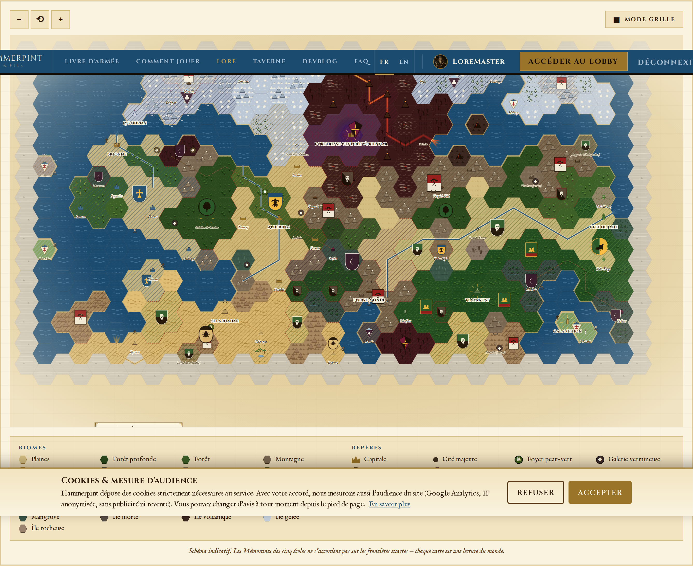 Carte d'Aldémoros — biomes, routes, sites de pouvoir, foyers diffus