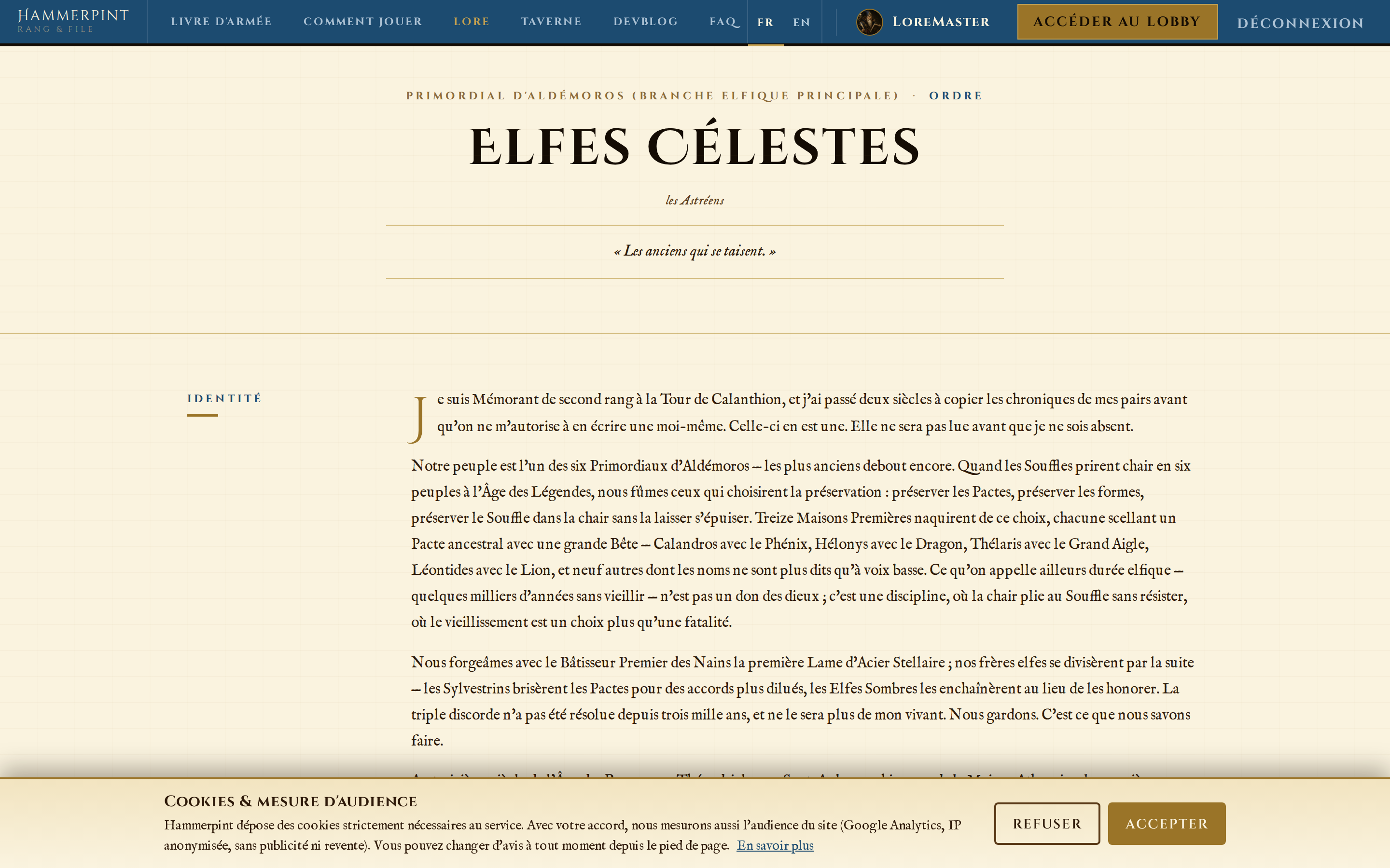 Page lore d'une faction — récit narratif riche, voix de chroniqueur
